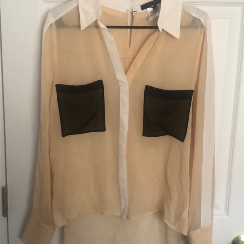 BCBG Sheer Tan/Cream Blouse with Black Pockets, Size: M, EUC (CB3)